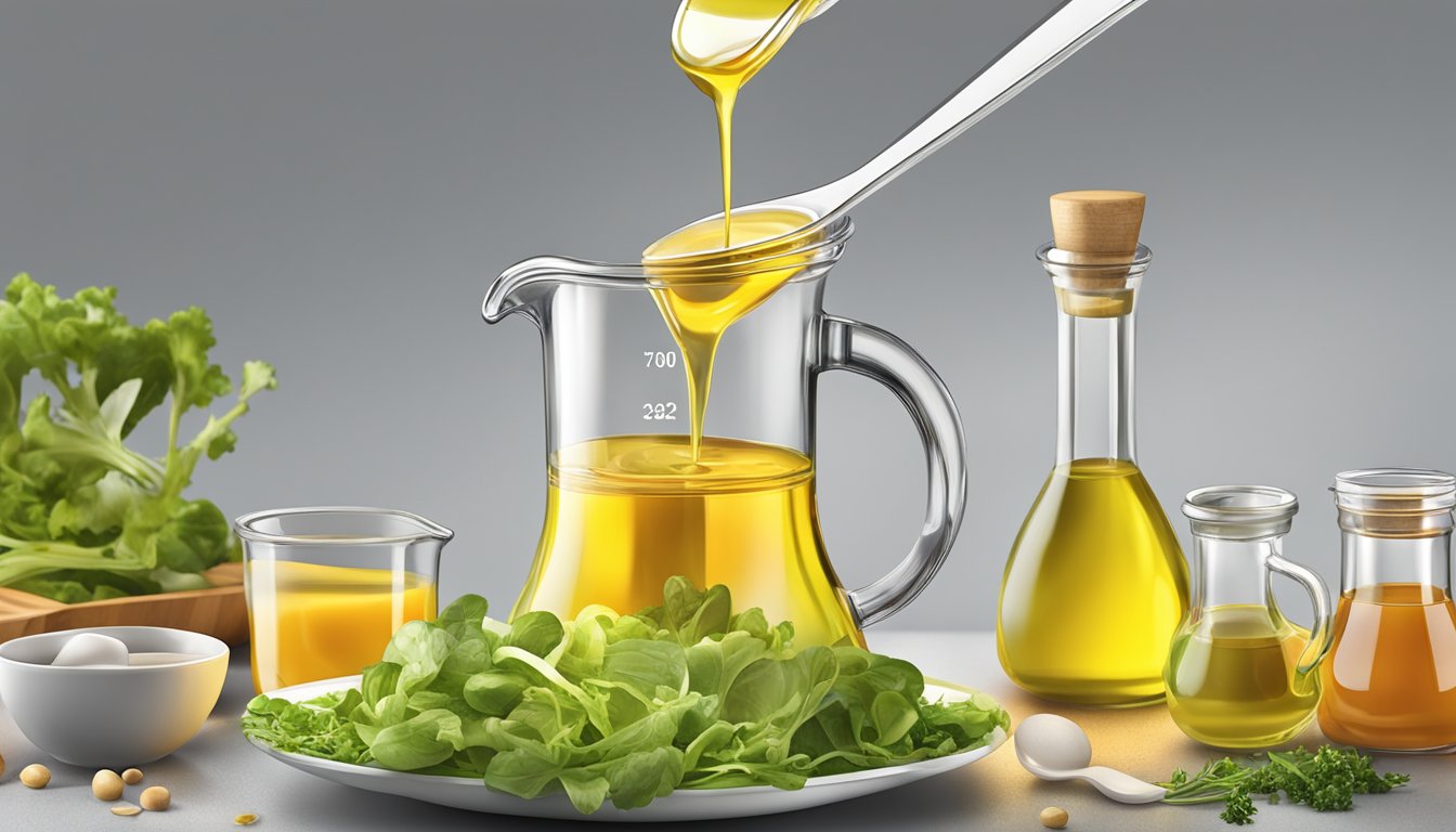 A clear glass measuring cup filled with oil pouring into a small bowl of salad dressing ingredients