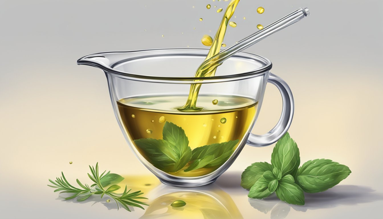 A clear measuring cup filled with oil pouring into a small bowl with a splash of vinegar and a sprinkle of herbs