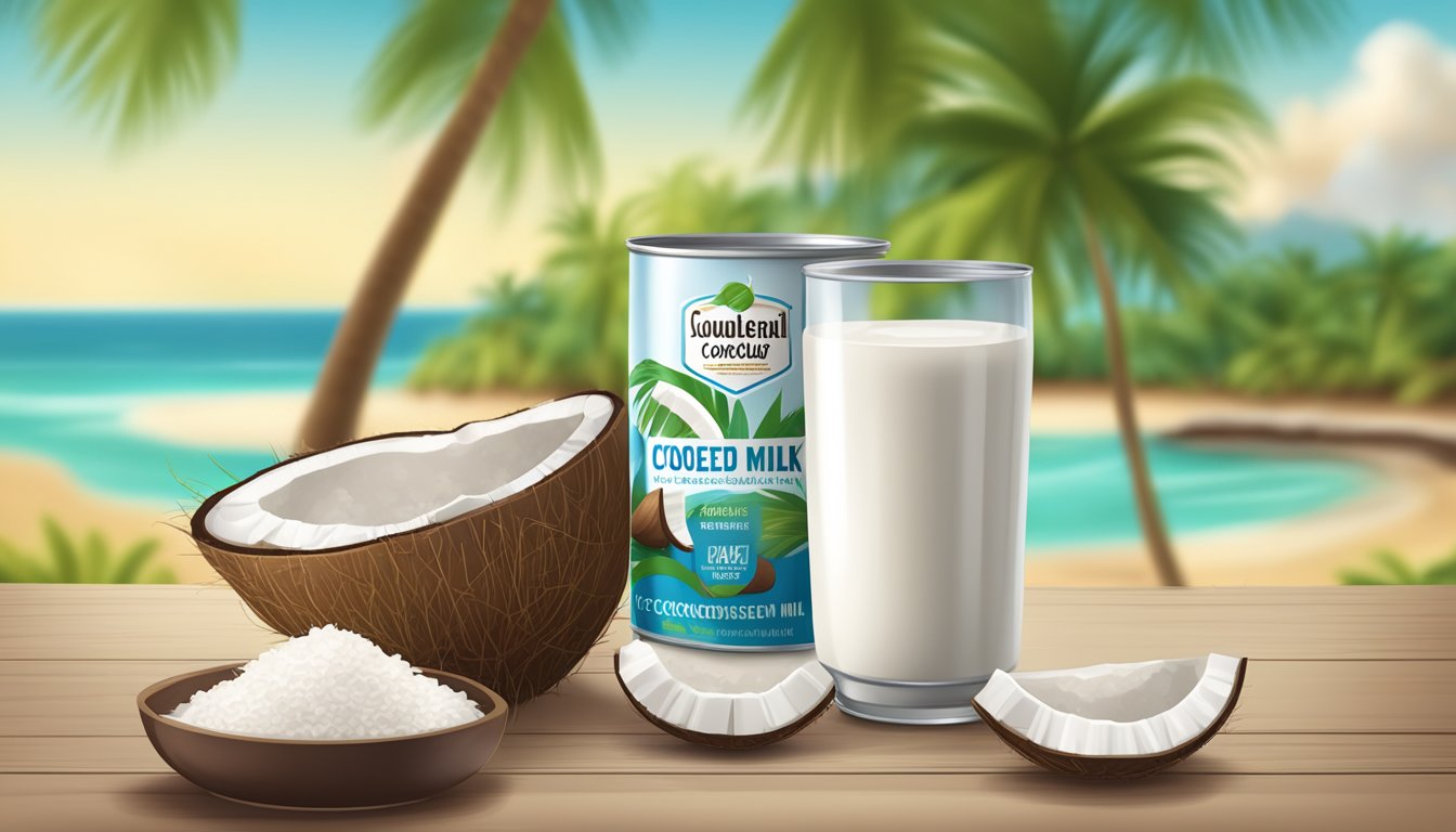 A can of sweetened condensed coconut milk, with the label facing forward, surrounded by coconut shells and a coconut tree in the background