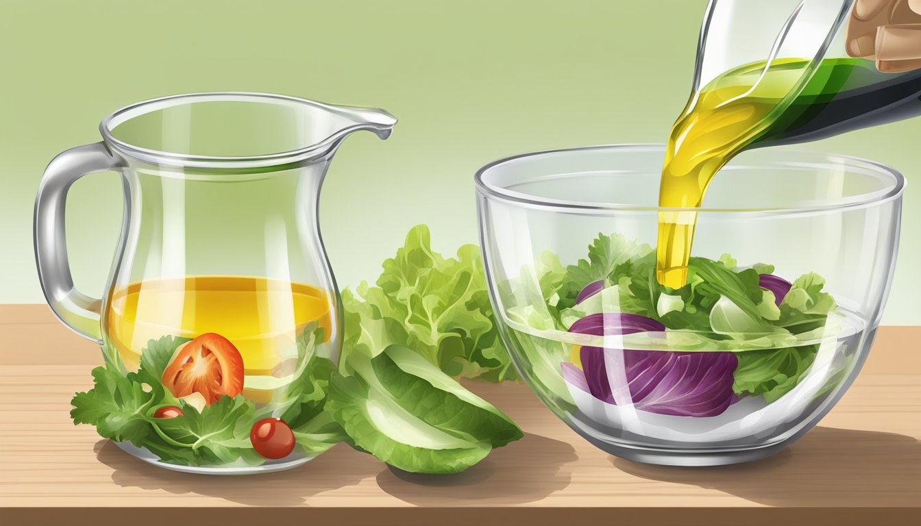 A small glass measuring cup with oil pouring into a clear bowl of salad ingredients