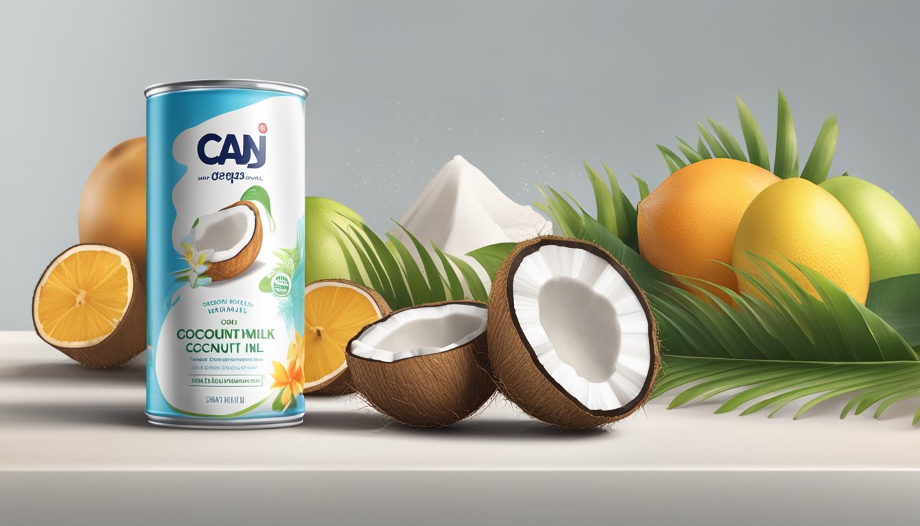 A can of sweetened condensed coconut milk sits on a clean, white countertop, surrounded by tropical fruits and a coconut shell