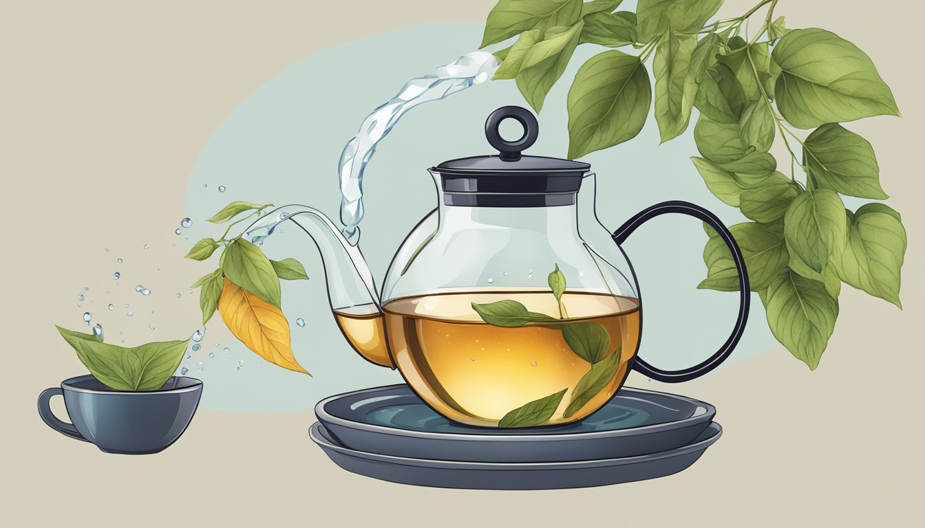 A kettle pouring water into a teapot with loose tea leaves inside