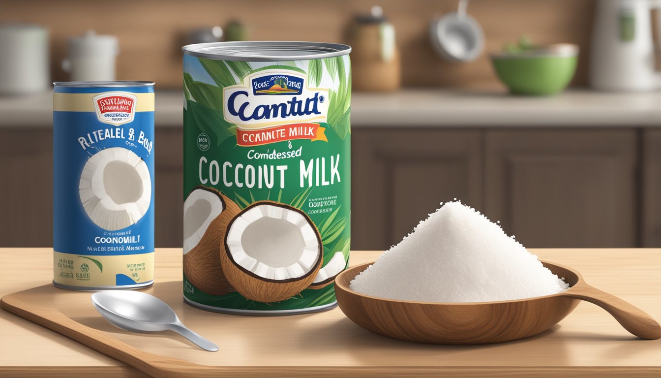 A can of sweetened condensed coconut milk, 14 ounces, sits on a kitchen counter next to a wooden spoon and a recipe book