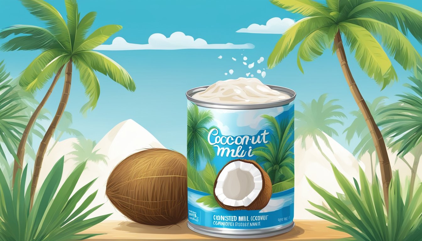 A can of sweetened condensed coconut milk, 14 ounces, surrounded by tropical coconut trees and a clear blue sky