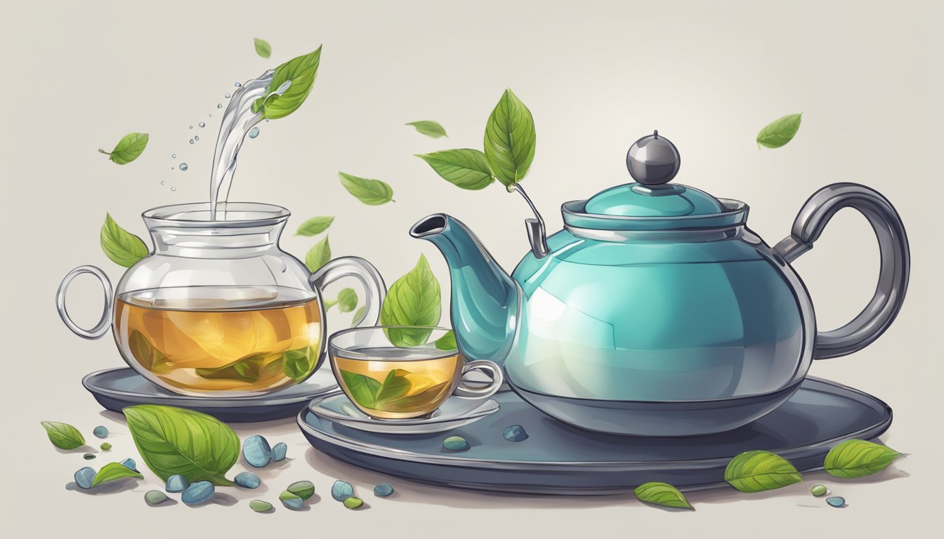 A teapot pouring water into a delicate cup, with a timer and tea leaves nearby