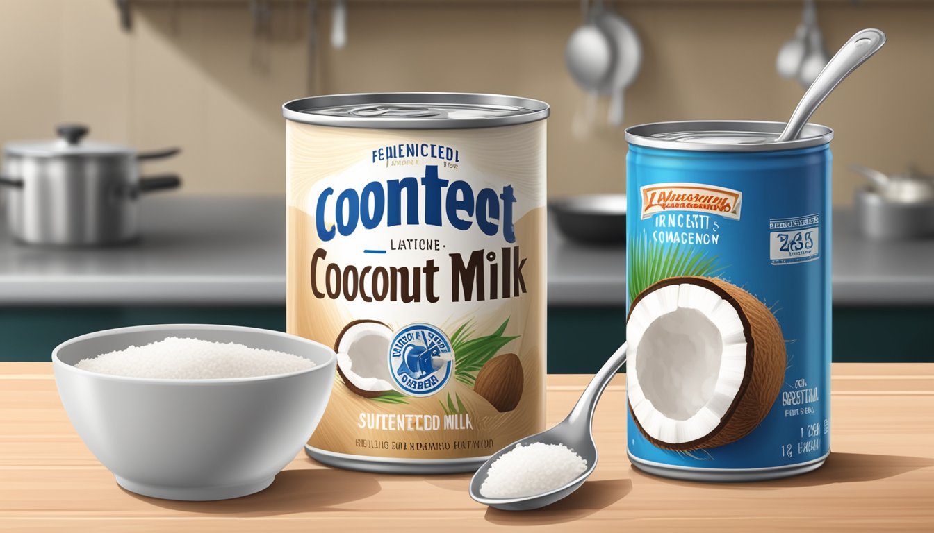 A can of sweetened condensed coconut milk, 14 ounces, sits on a kitchen counter next to a measuring cup and a spoon