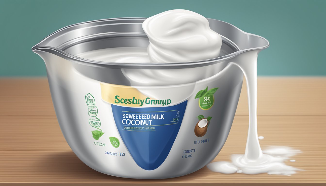 A can of sweetened condensed coconut milk pouring into a measuring cup, with the label facing forward