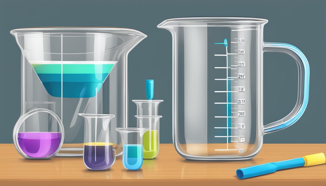 A clear measuring cup filled with liquid to the perfect level for cookie filling, surrounded by various measuring tools