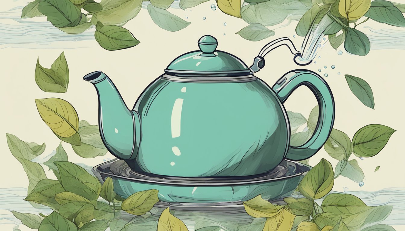 A kettle pouring water into a teapot with tea leaves inside, steam rising as the tea brews