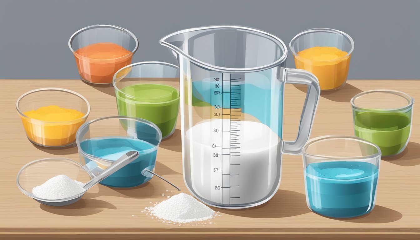 A clear measuring cup filled with liquid, with a line marking the perfect amount for cookie filling, surrounded by various dry ingredients in measuring spoons and cups