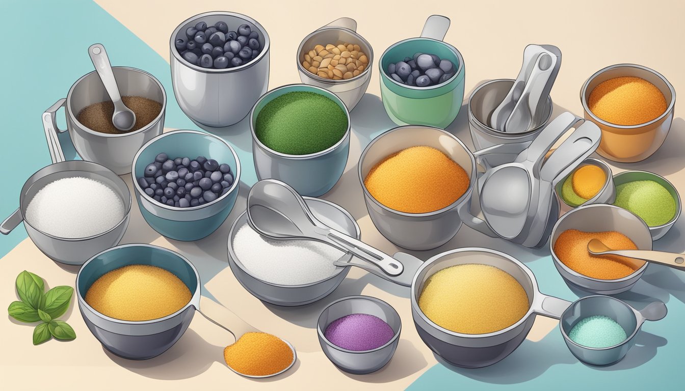 A set of measuring cups and spoons arranged neatly on a countertop, surrounded by various ingredients in bowls and containers