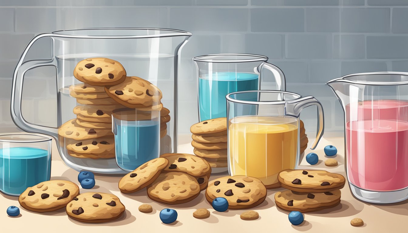 A clear measuring cup filled with liquid to the exact measurement line, surrounded by cookies and ingredients