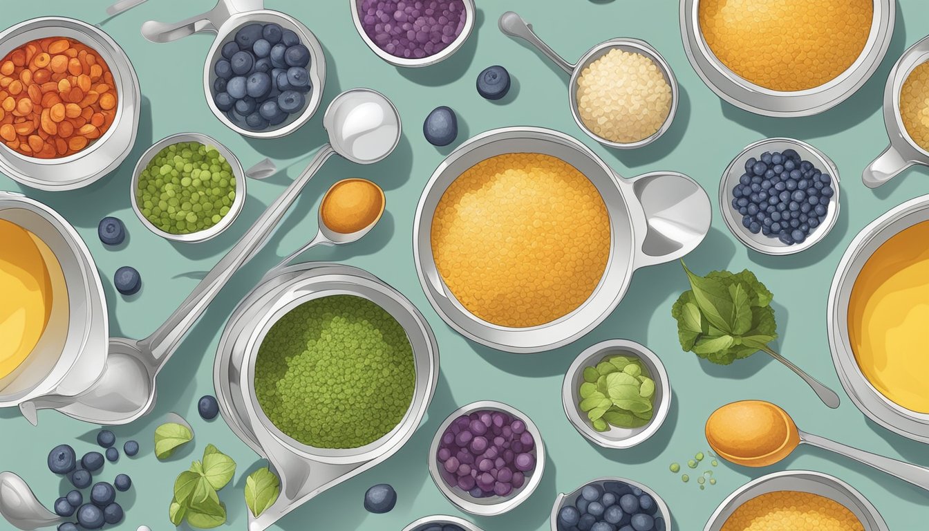 A set of measuring cups and spoons arranged neatly on a kitchen counter, surrounded by various ingredients in bowls and containers