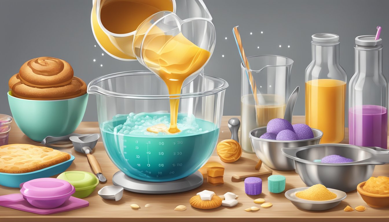 A clear measuring cup pouring liquid into a mixing bowl surrounded by various baking tools and accessories