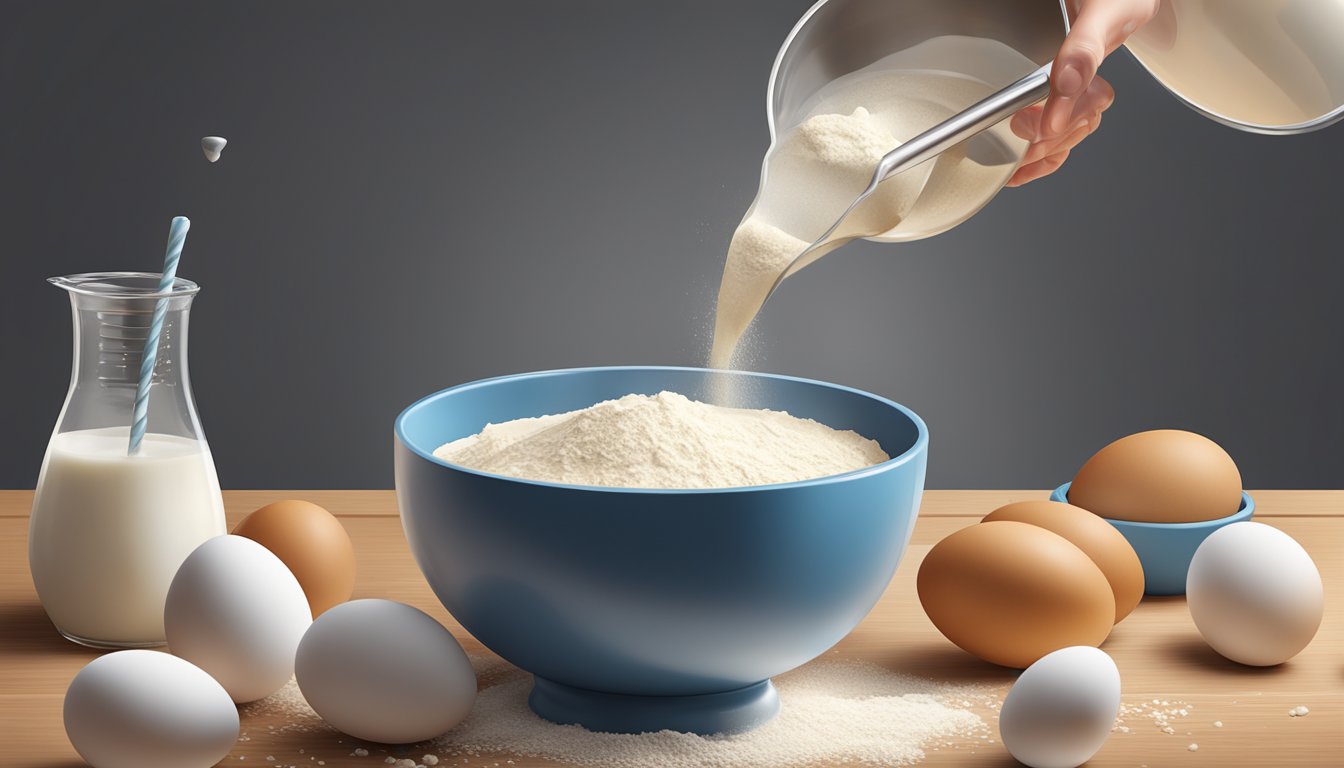 A measuring cup pouring milk into a mixing bowl filled with flour and eggs, with a whisk nearby