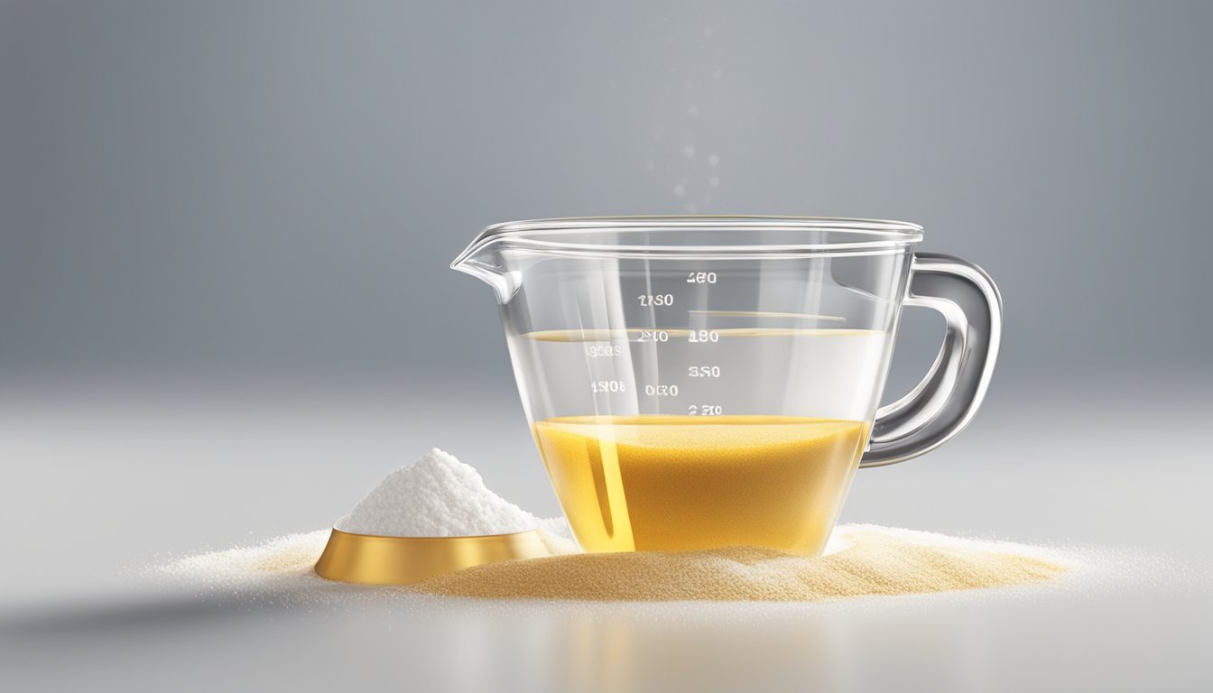 A clear glass measuring cup filled to the brim with a smooth, golden liquid, surrounded by a scattering of flour and sugar on a clean, white countertop