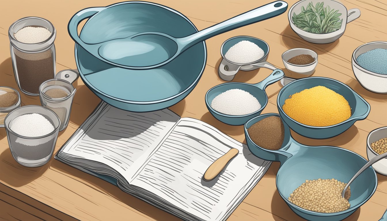 Measuring cups and spoons laid out next to a recipe book, with ingredients arranged neatly on the counter for a double or triple batch