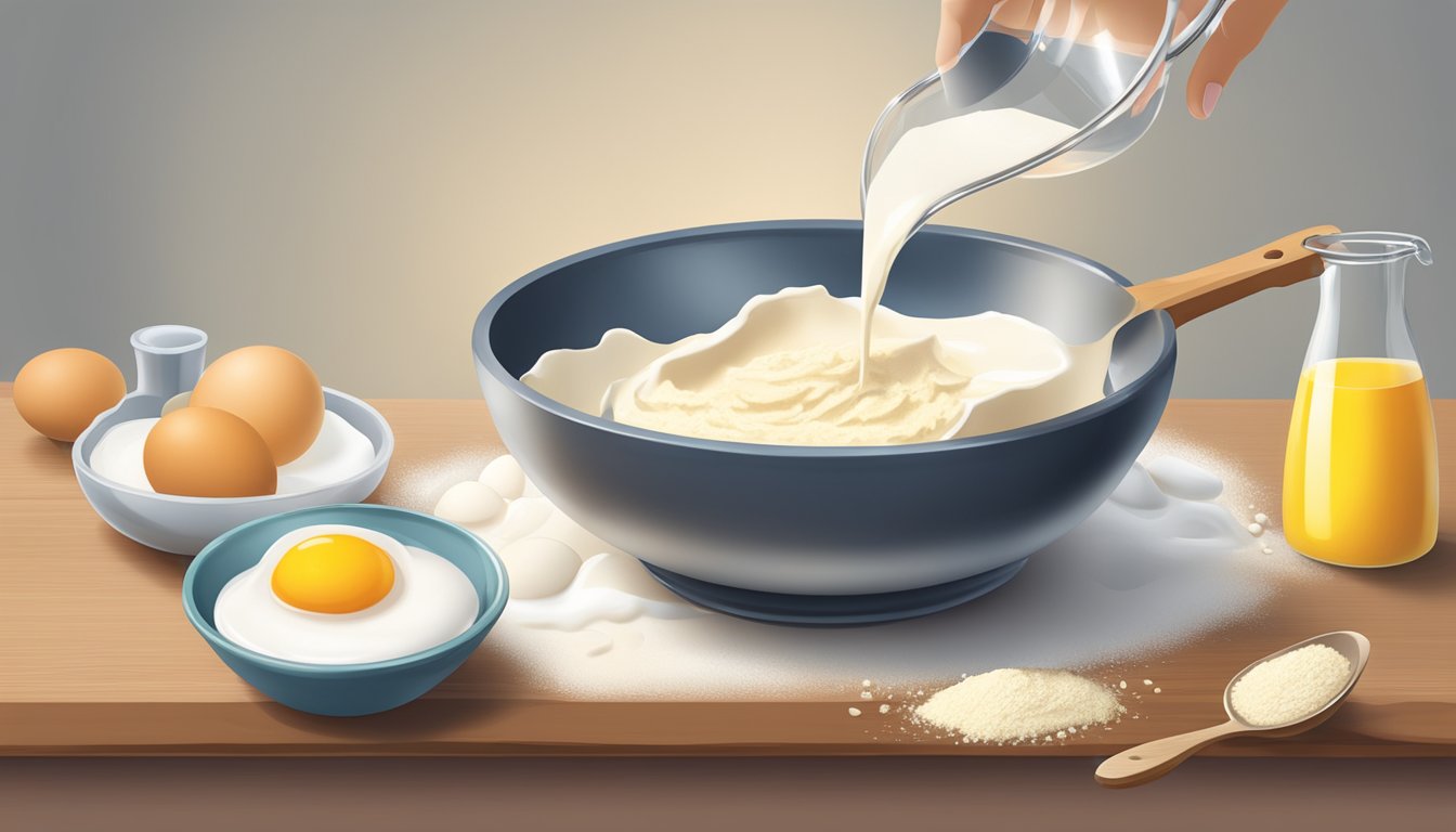 A measuring cup pouring milk into a mixing bowl of flour and eggs for waffle batter