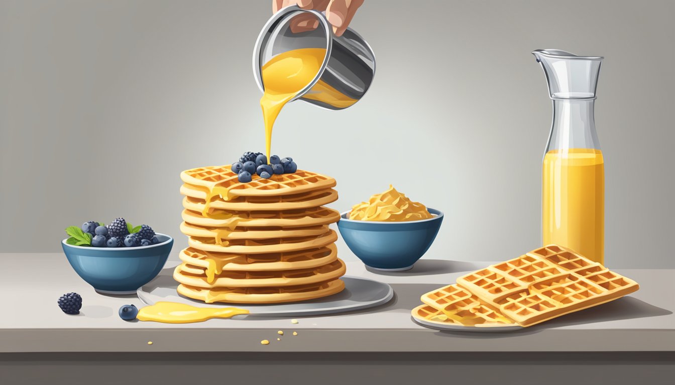 A measuring cup pouring liquid into a mixing bowl of waffle batter, with a stack of waffles in the background