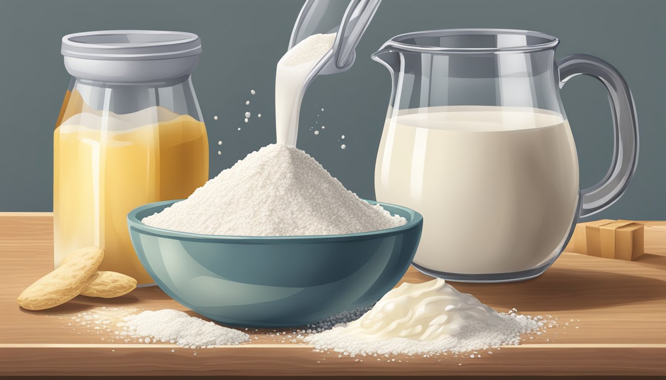 A glass measuring cup pouring batter into a mixing bowl, with a bag of flour and a carton of milk nearby