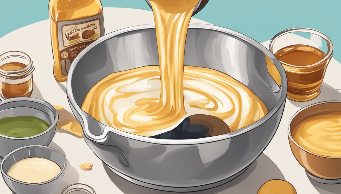 A measuring cup pouring liquid into a mixing bowl of waffle batter. Ingredients like vanilla extract and maple syrup sit nearby