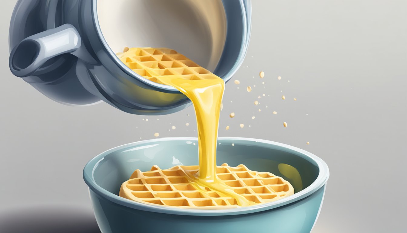 A measuring cup pouring liquid into a mixing bowl of waffle batter