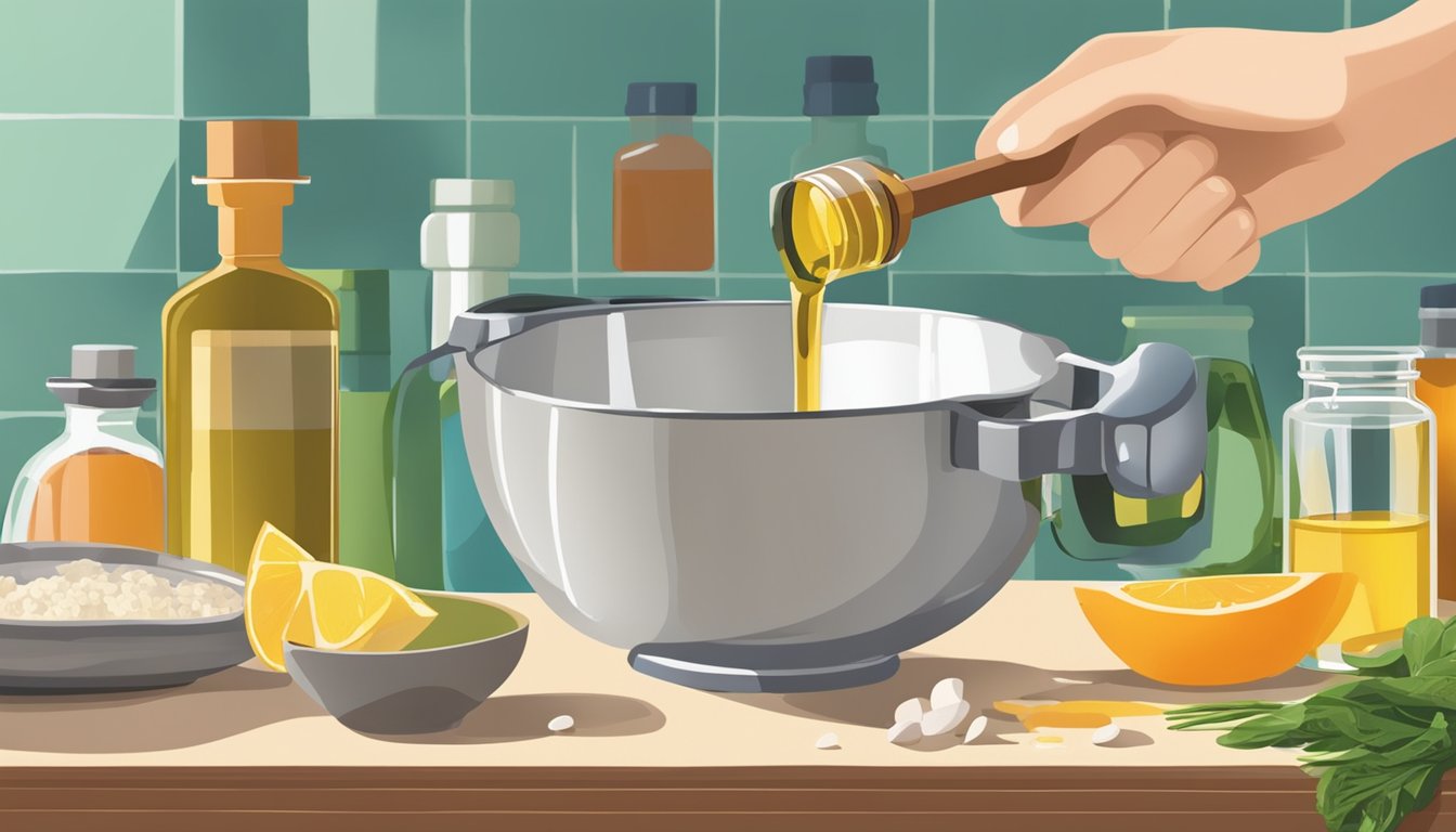 A hand pouring oil into a measuring cup, while vinegar and other ingredients sit nearby on a clean, organized kitchen counter