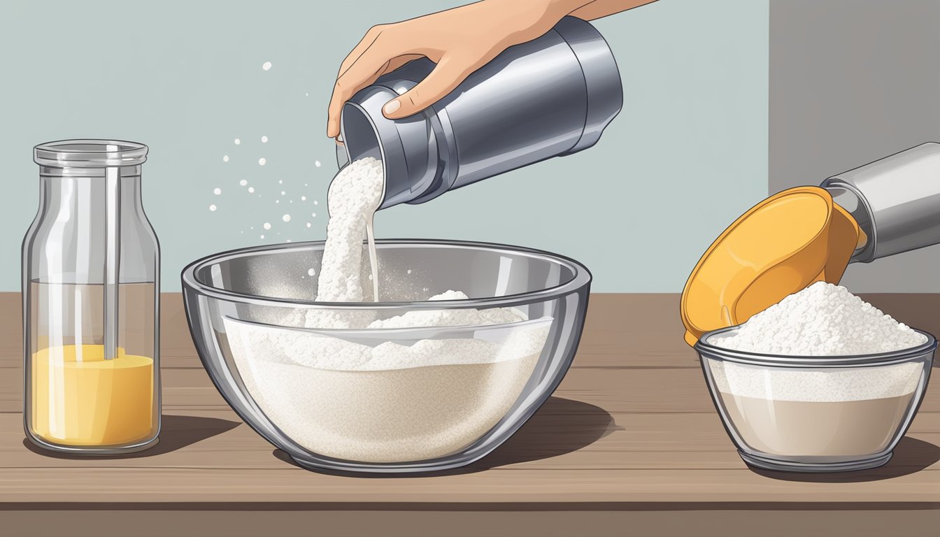 A hand pouring a precise amount of liquid into a measuring cup surrounded by flour and a mixing bowl