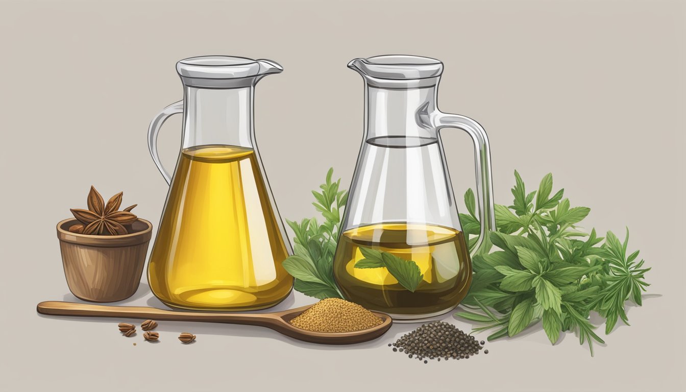 A clear glass measuring cup filled with oil, with a metal measuring spoon pouring vinegar into it. Nearby, a small bowl of herbs and spices