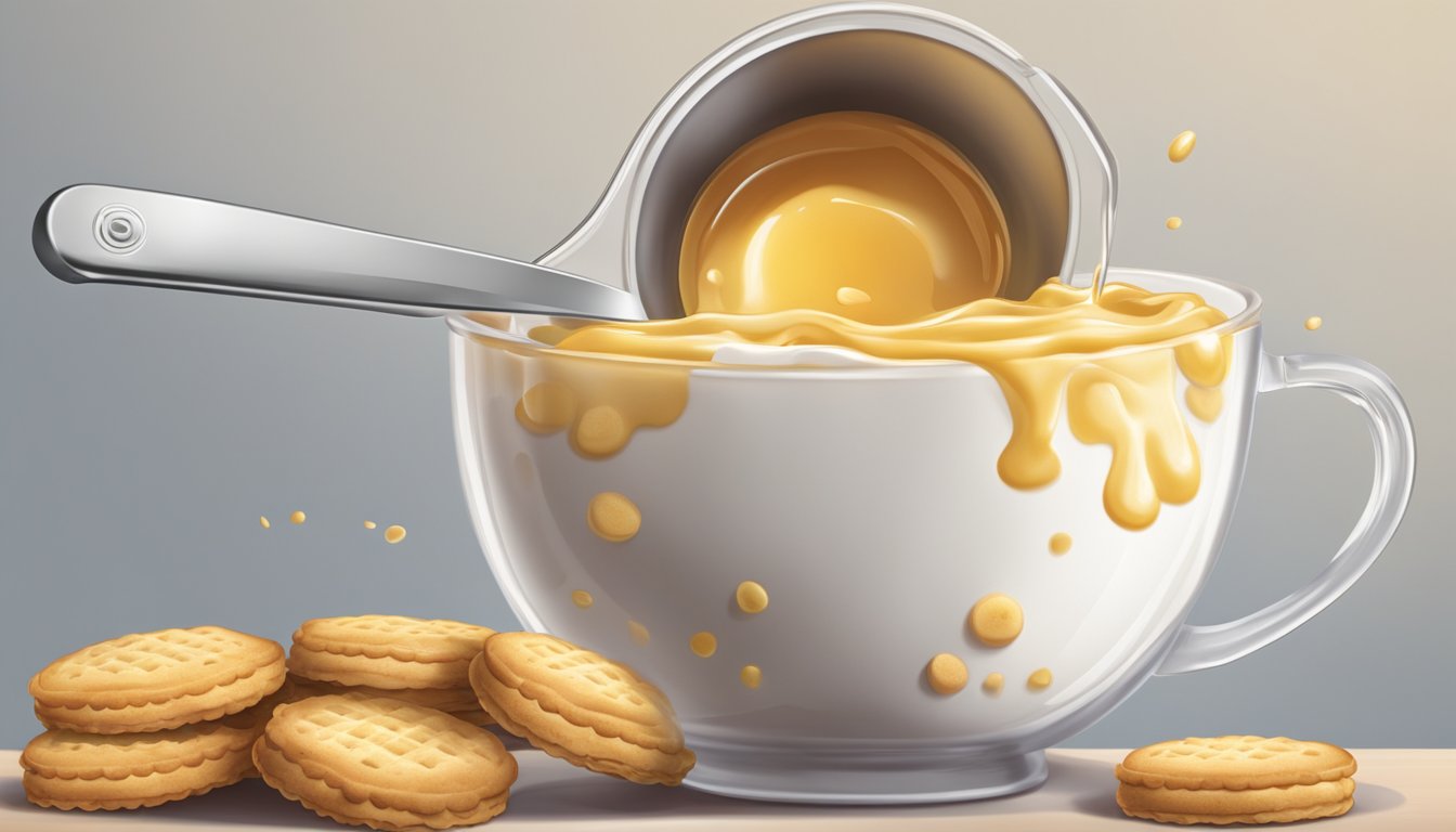 A measuring cup pouring liquid into a bowl of biscuit filling, with a spoon nearby for stirring