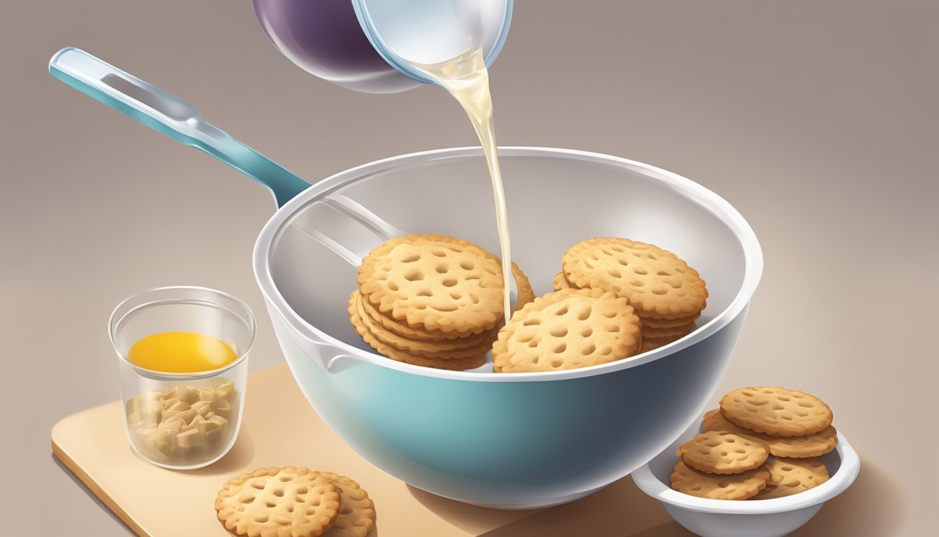 A measuring cup pouring liquid into a bowl of biscuit filling ingredients