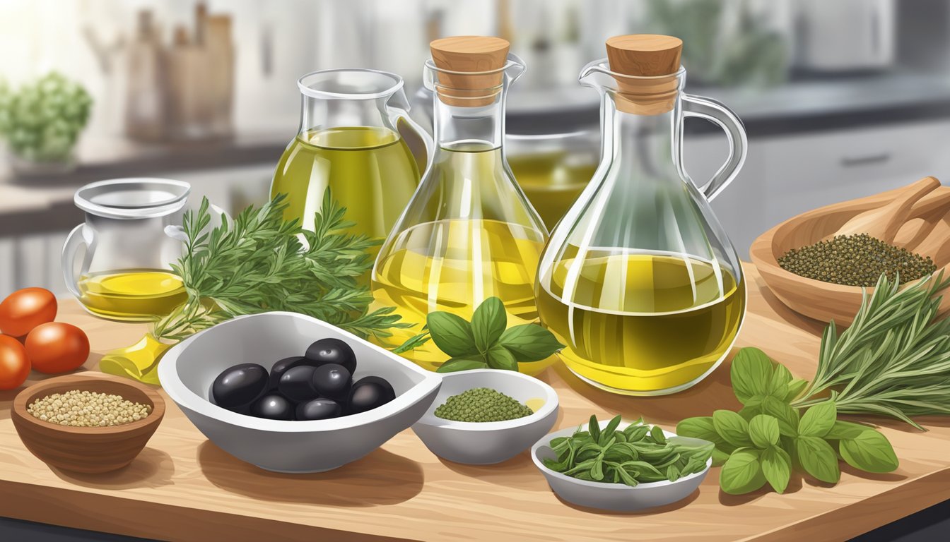 A measuring cup pouring olive oil into a clear glass bowl, with a variety of fresh herbs and spices arranged neatly on a wooden cutting board nearby