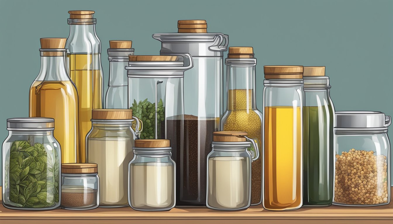 A clear measuring cup filled with oil, vinegar, and spices on a countertop next to a stack of neatly organized jars and bottles