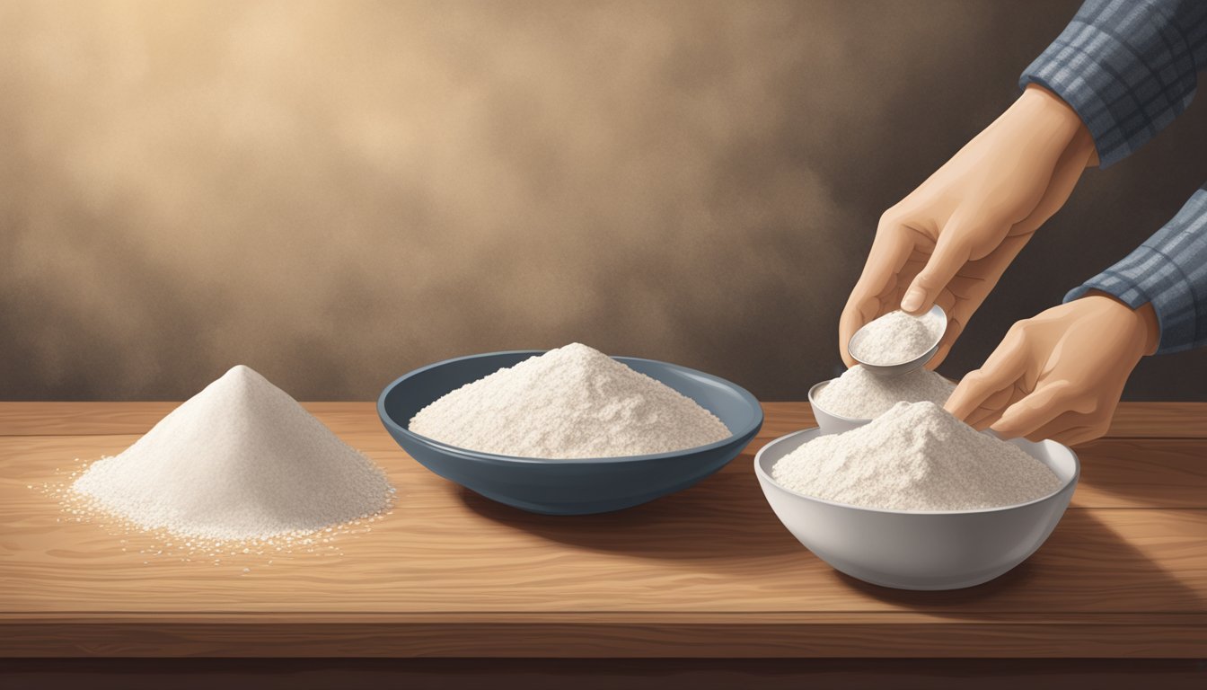 A hand reaching for a small bowl of yeast, a measuring spoon, and a mound of flour on a wooden surface