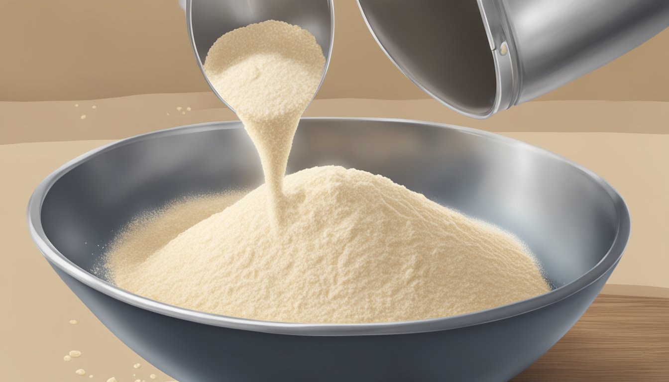 A hand pouring yeast into a measuring spoon, with a bowl of flour and a bag of yeast in the background