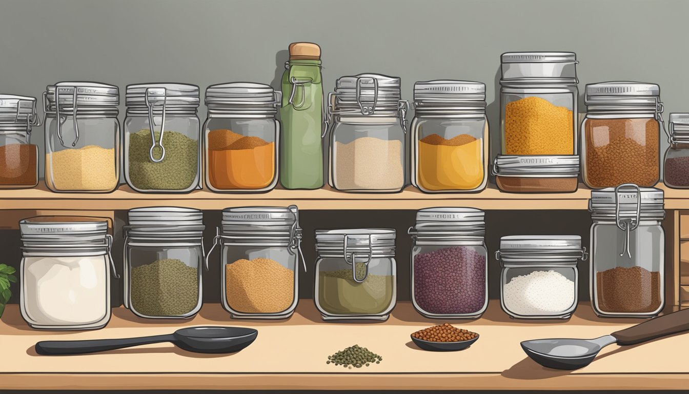 A hand holding measuring spoons over a variety of spices in labeled jars on a kitchen counter