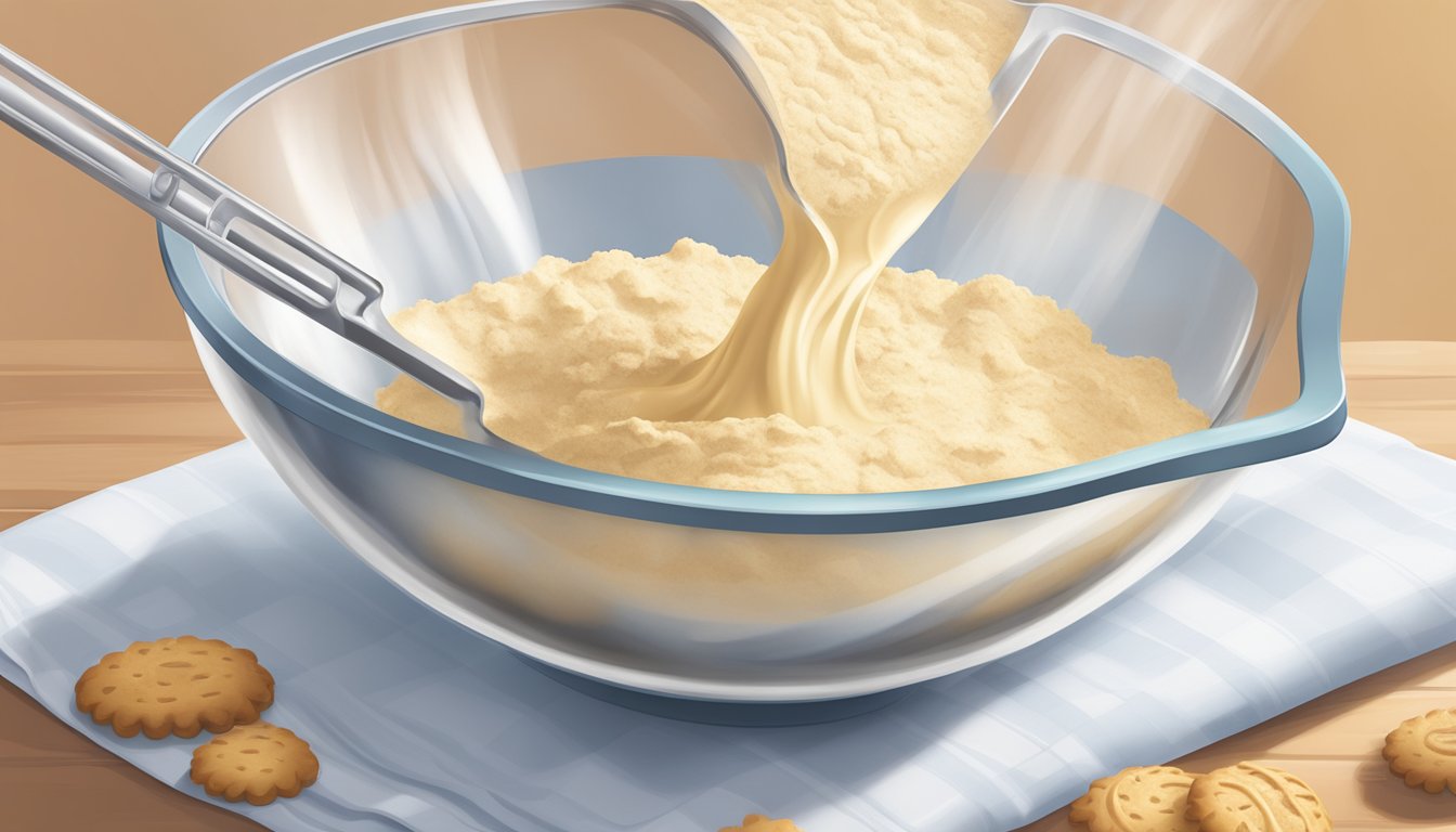 A clear measuring cup pouring liquid into a mixing bowl of flour and other dry ingredients for biscuit dough