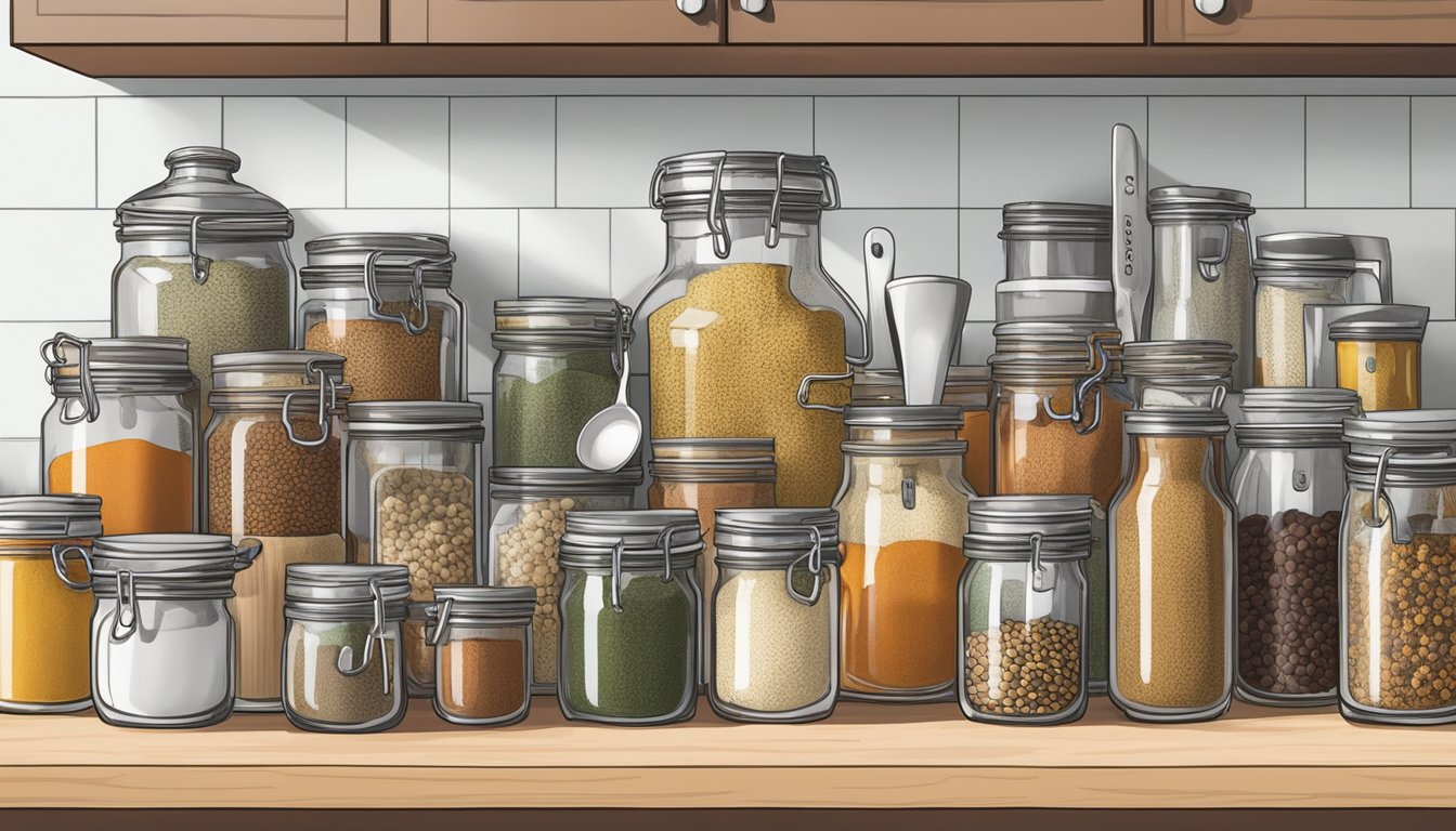 A hand reaching for various spices in labeled jars, measuring spoons and cups laid out on a clean, organized kitchen counter