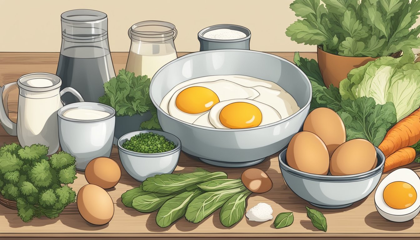 A bowl with eggs and a measuring cup of milk or cream, surrounded by various vegetables and herbs on a kitchen counter