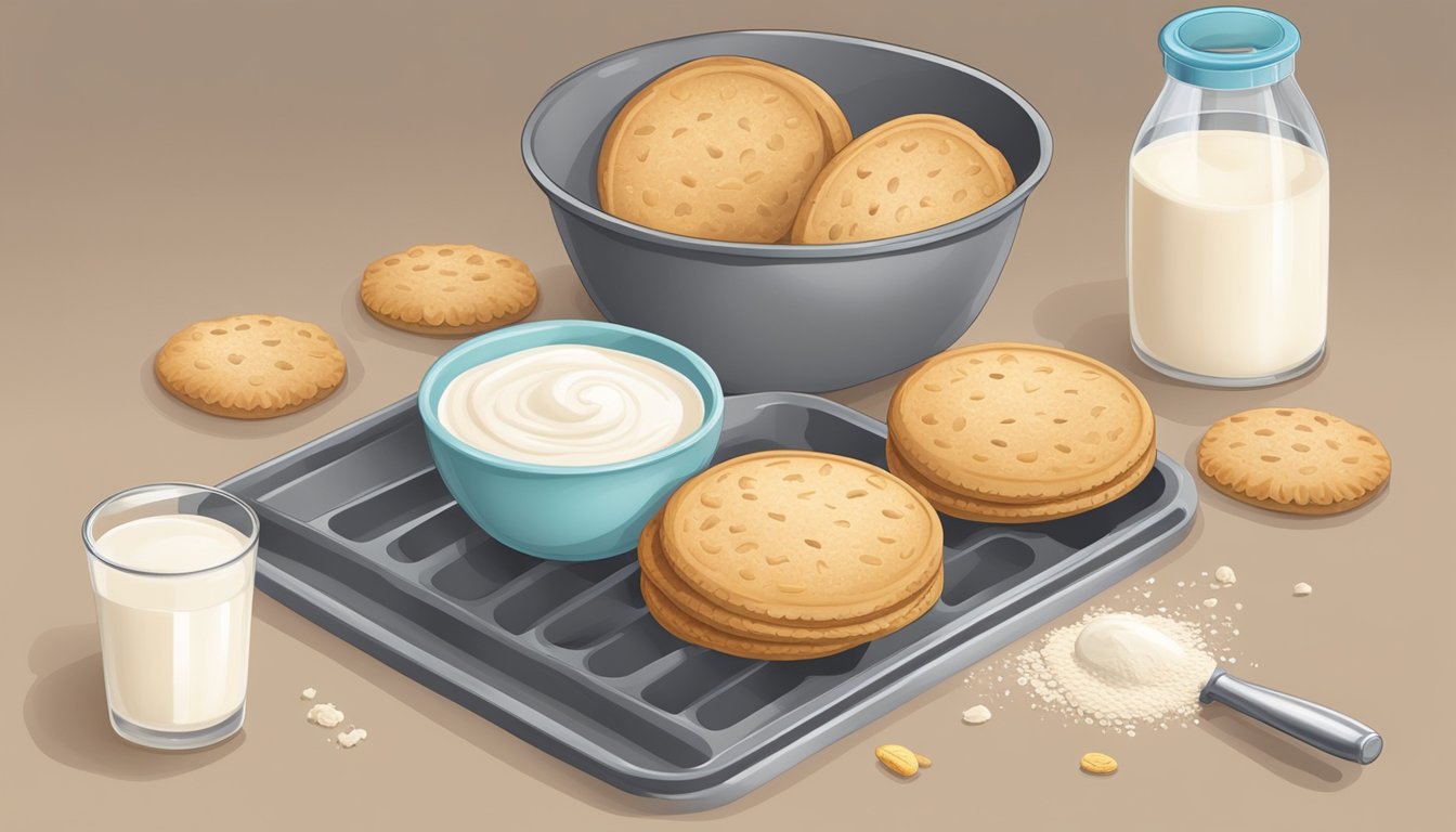 A hand pouring milk into a measuring cup, a rolling pin and biscuit cutter on a floured surface, and a tray of freshly baked biscuits