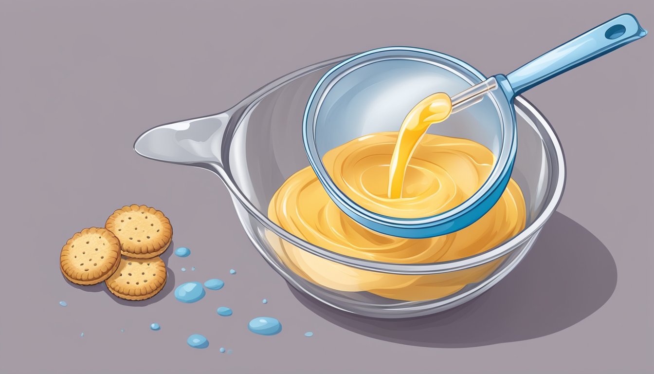 A measuring cup pouring a precise amount of liquid into a mixing bowl of biscuit dough