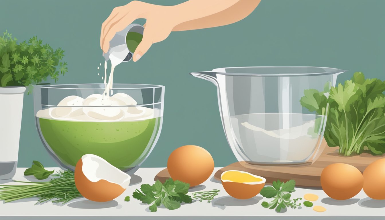 Whisked eggs being poured from a measuring cup into a mixing bowl. A fork sits nearby. A variety of fresh herbs and vegetables are spread out on the countertop