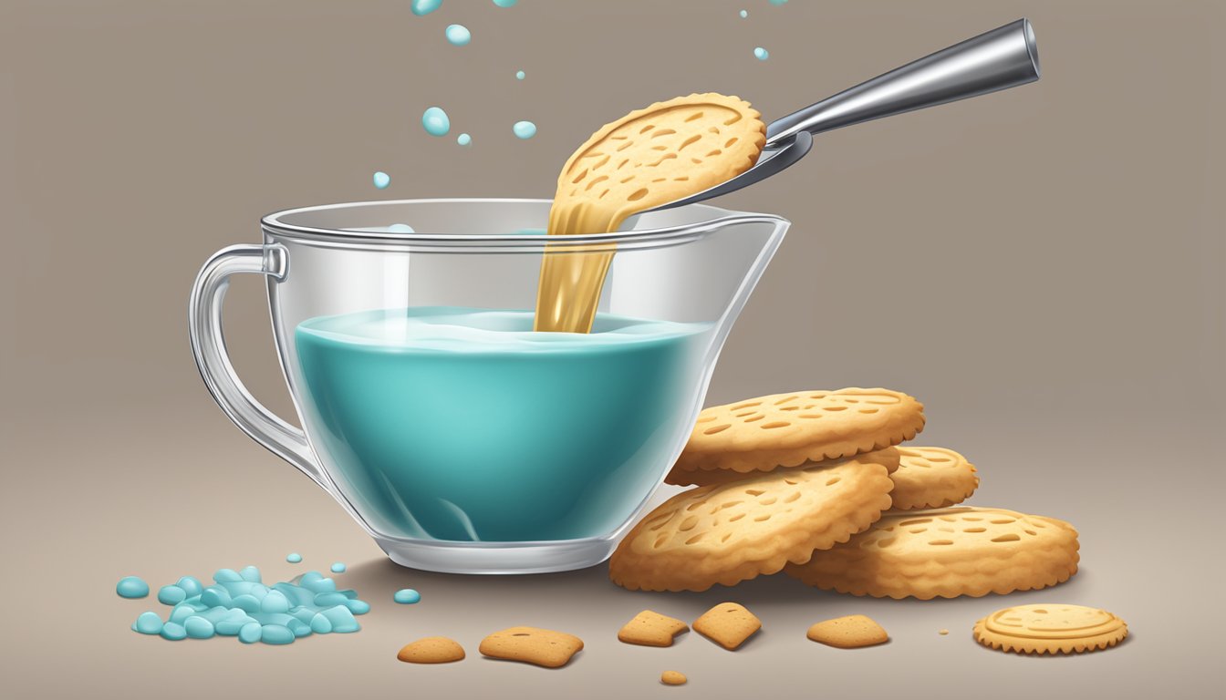 A measuring cup pouring liquid into a mixing bowl of biscuit dough