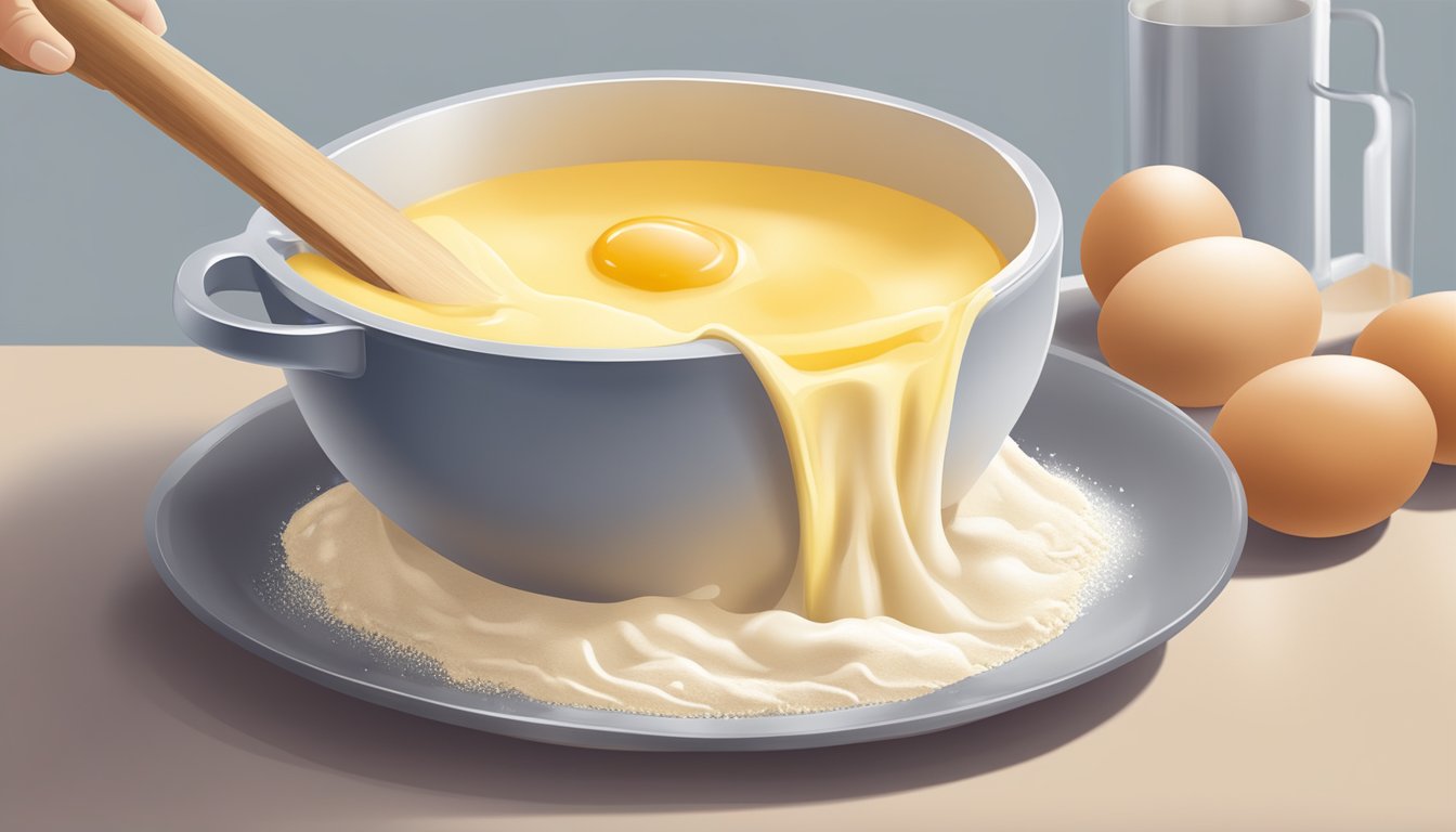 A measuring cup pouring milk into a mixing bowl with flour and eggs for crepe batter