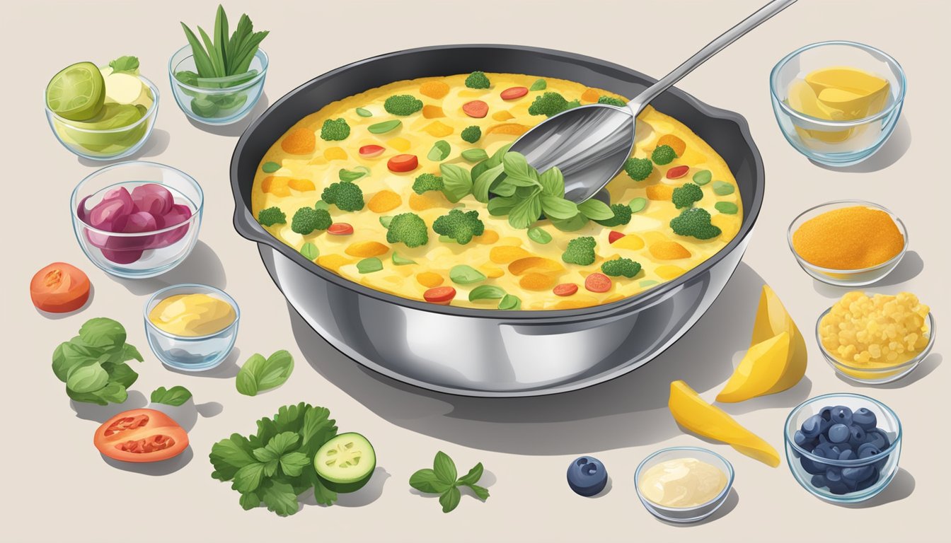 A clear measuring cup pouring liquid into a mixing bowl surrounded by various ingredients for a frittata