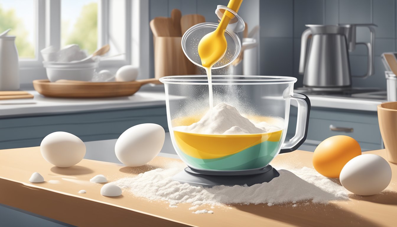 A clear measuring cup pouring liquid into a mixing bowl surrounded by flour, eggs, and a whisk on a clean kitchen counter