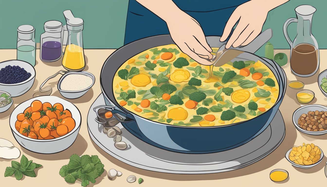 A hand pouring a precise amount of liquid into a mixing bowl surrounded by various ingredients for a frittata