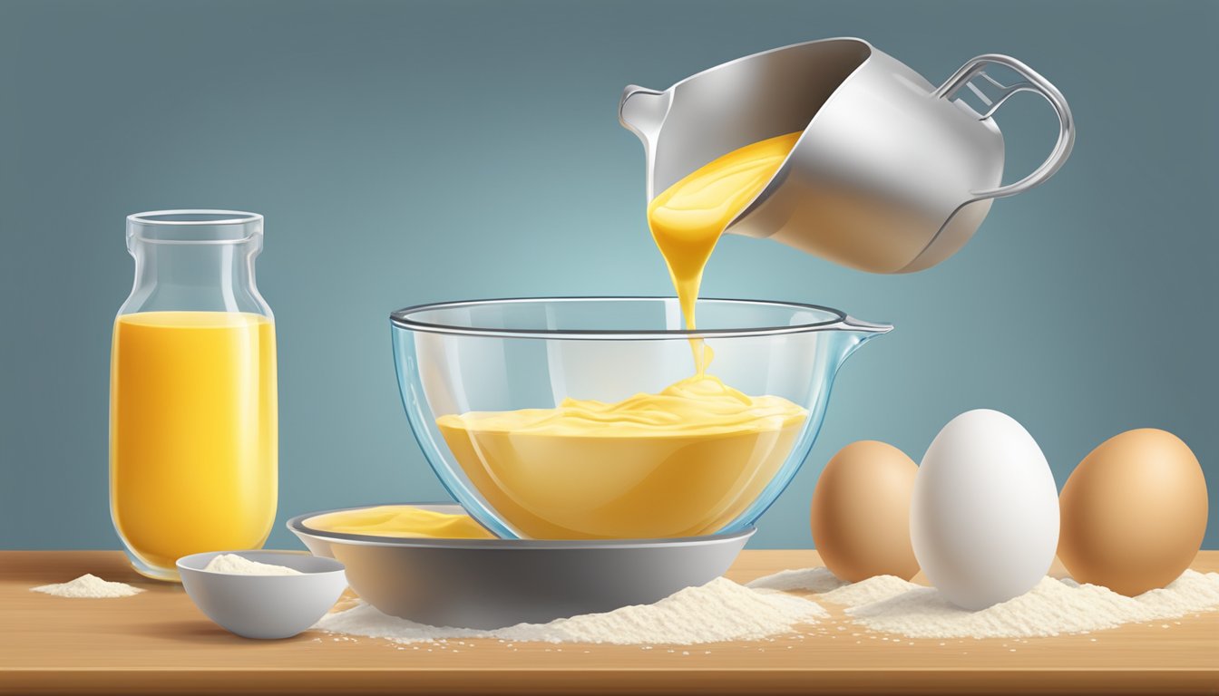 A clear measuring cup pouring liquid into a mixing bowl with flour and eggs for crepe batter