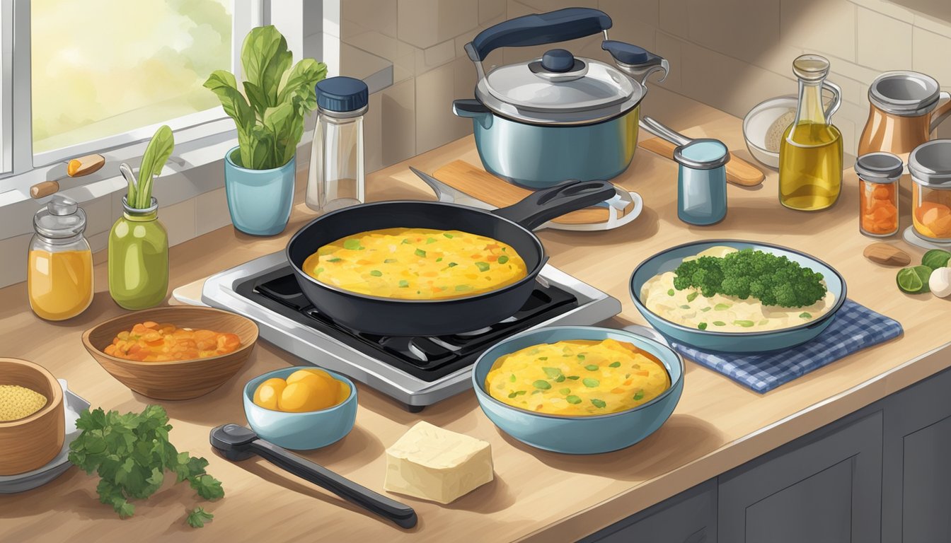 A variety of ingredients and measuring tools arranged on a kitchen counter, with a frittata cooking on the stove in the background