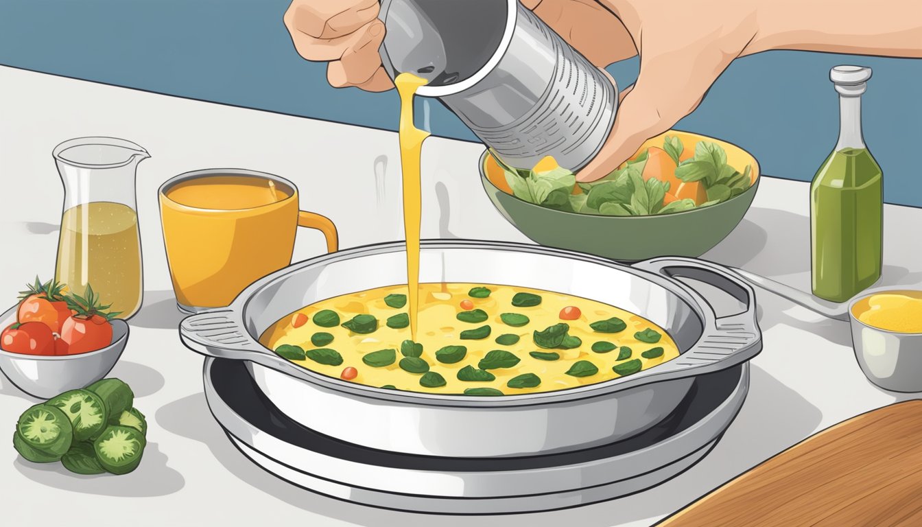 A hand pouring a precise amount of liquid into a measuring cup, with a frittata pan and ingredients in the background